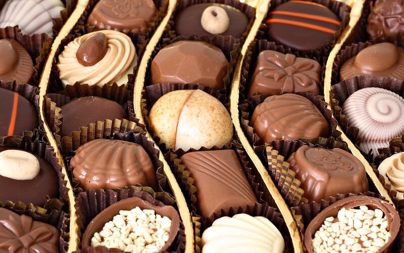 Assorted Chocolate Candies — Brown, Indulgent, Photograph, Candy, Box, Paper Cups