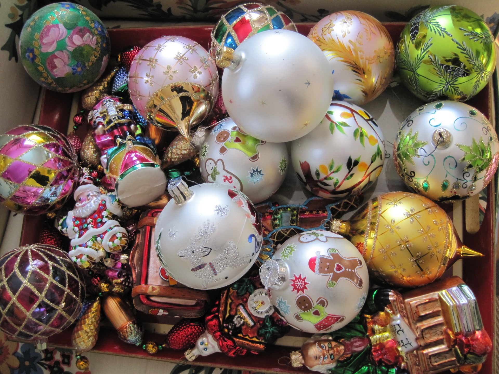 assorted Christmas ornaments in a box