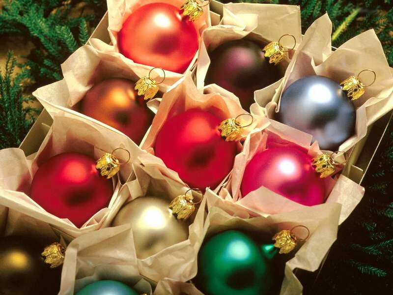 Assorted Christmas ornaments in box