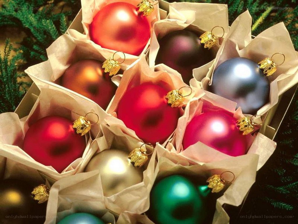 Assorted Christmas ornaments in box