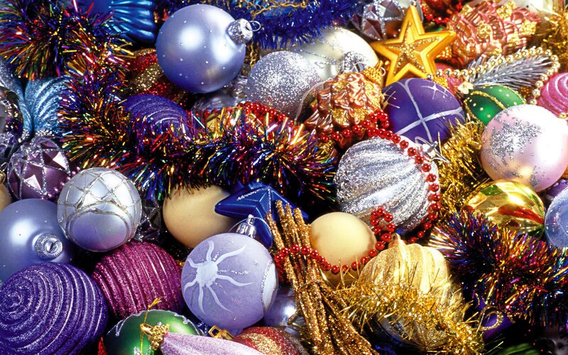 Assorted Christmas Ornaments — Purple, Festive, Winter, Photograph, Tinsel