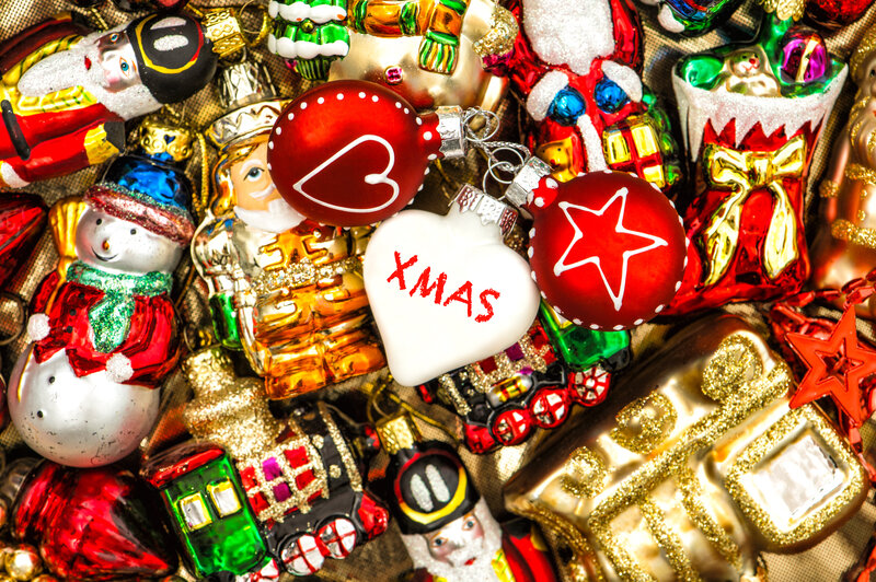 Assorted Christmas Ornaments — Red, Festive, Winter, Photograph, Snowman