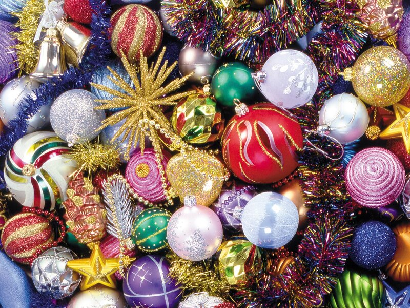 Assorted Christmas Ornaments — Red, Festive, Winter, Photograph, Tinsel