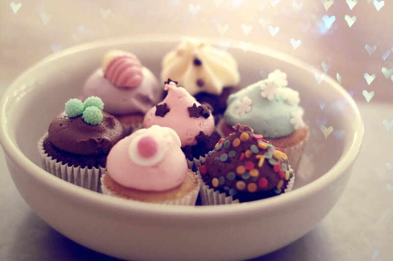 Assorted Cupcakes in Bowl — White, Sweet