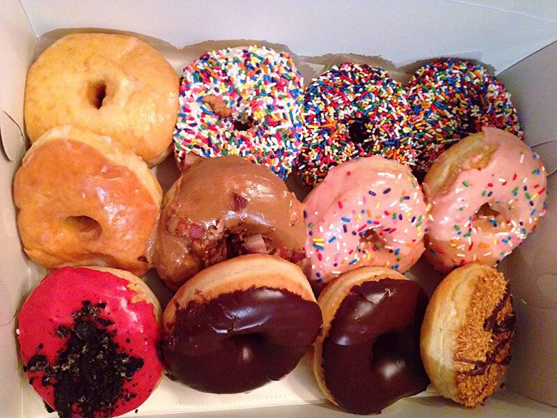 Assorted Donuts in Box — Brown, Appetizing, Photograph