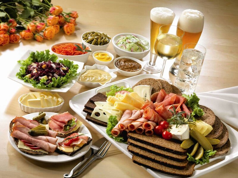 Assorted food platter with drinks