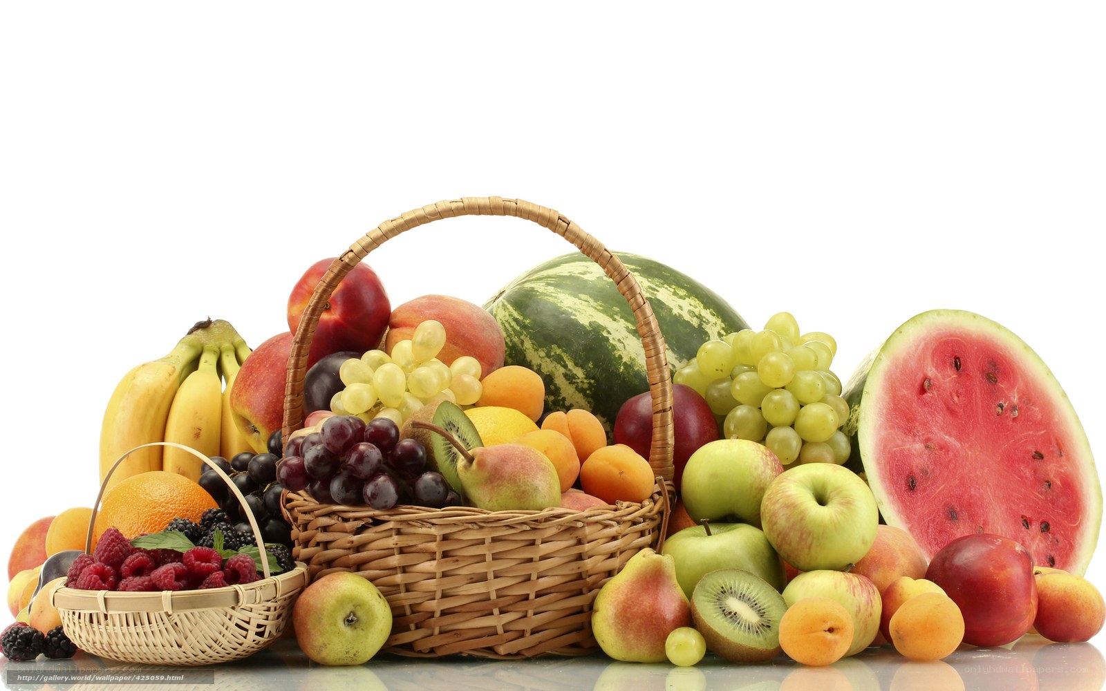 Assorted fresh fruits in baskets