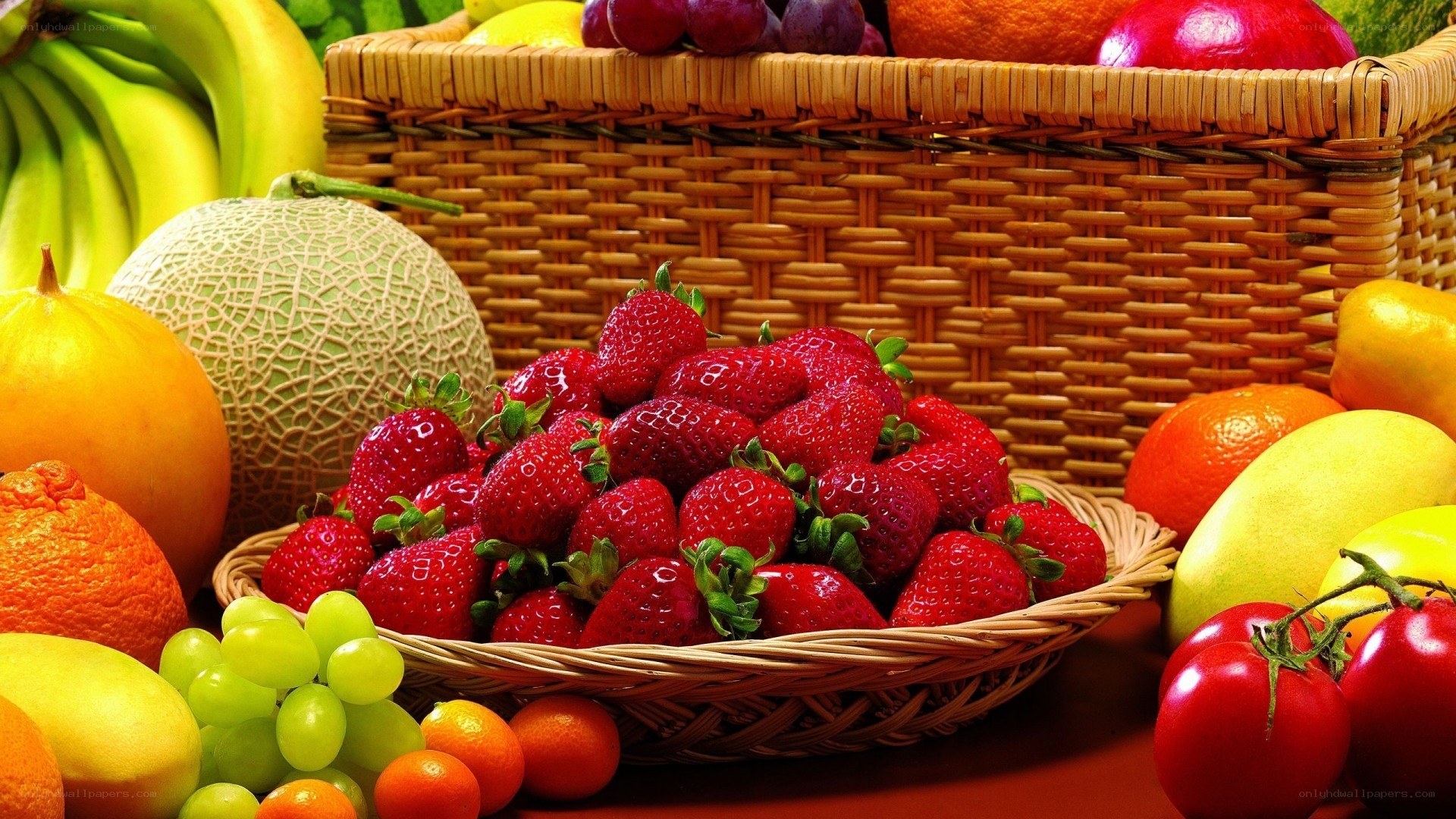 Assorted fresh fruits in baskets