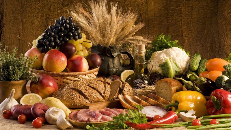 Assorted fresh produce and bread
