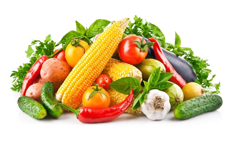 Assorted Fresh Vegetables — Green, Photograph, Corn, Tomatoes, Cucumbers