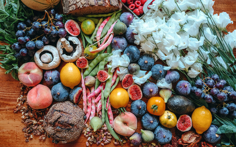 Assorted Fruits and Vegetables — Brown, Abundant