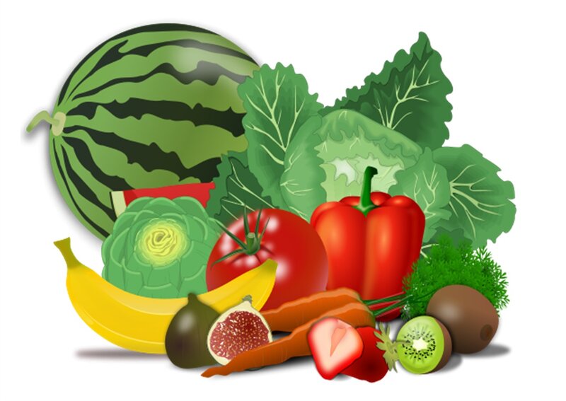 Assorted Fruits and Vegetables — Green, Fresh, Illustration, Banana