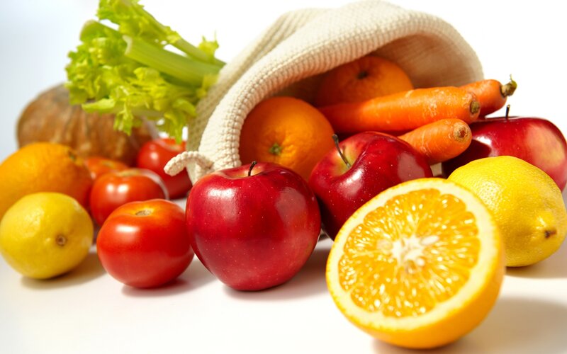 Assorted Fruits and Vegetables — Red, Fresh, Photograph, Apples, Oranges