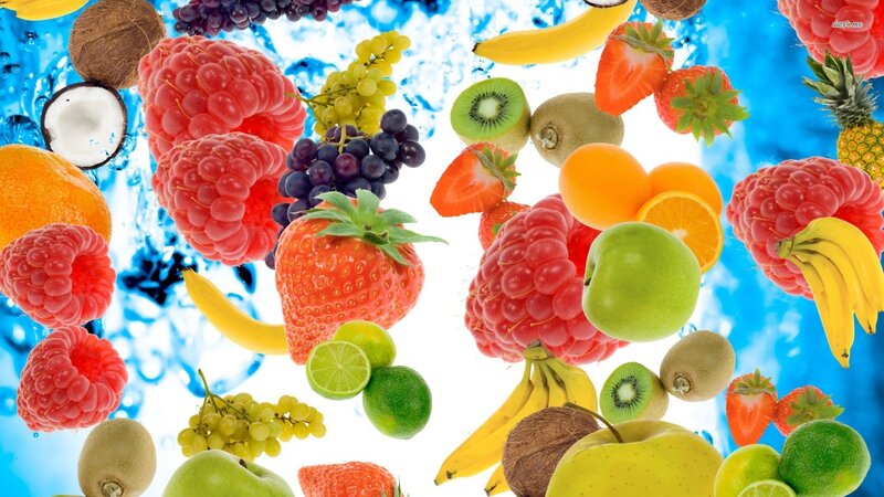 Assorted Fruits in Water — Blue, Vibrant, Photograph, Coconut
