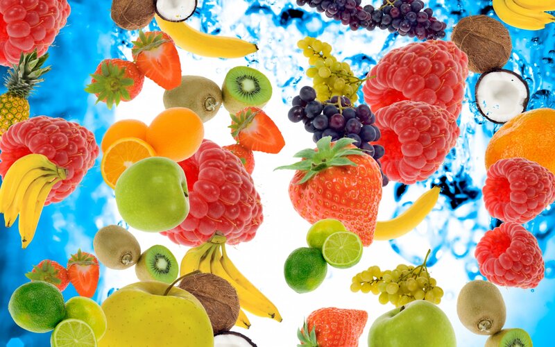Assorted Fruits in Water — Blue, Vibrant