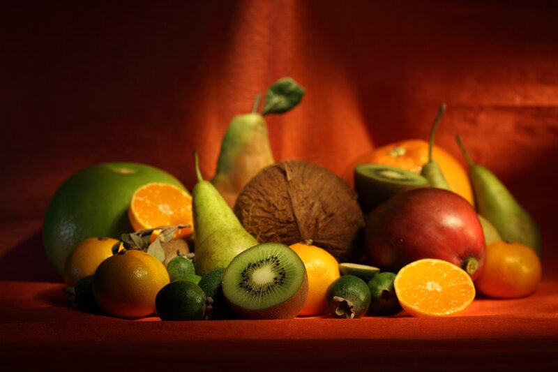 Assorted Fruits on Table — Red, Dramatic, Photograph, Kiwi, Orange