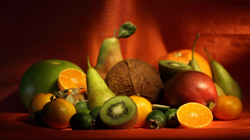 Assorted Fruits on Table — Red, Dramatic, Photograph, Kiwi