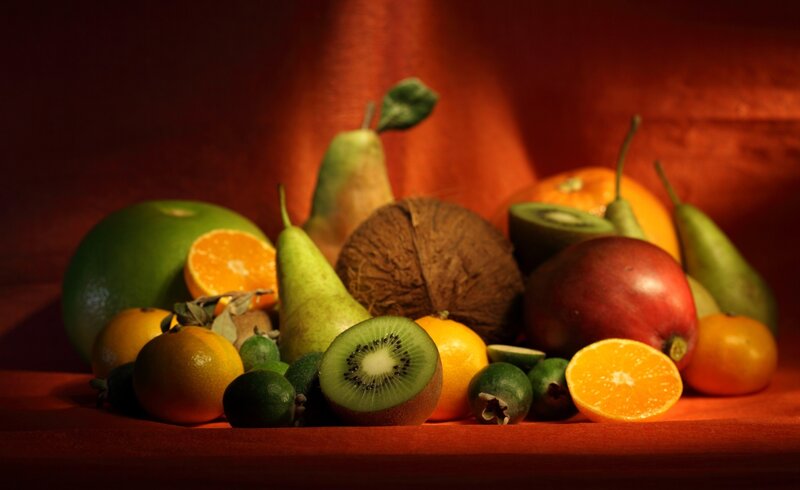 Assorted Fruits on Table — Red, Dramatic, Photograph
