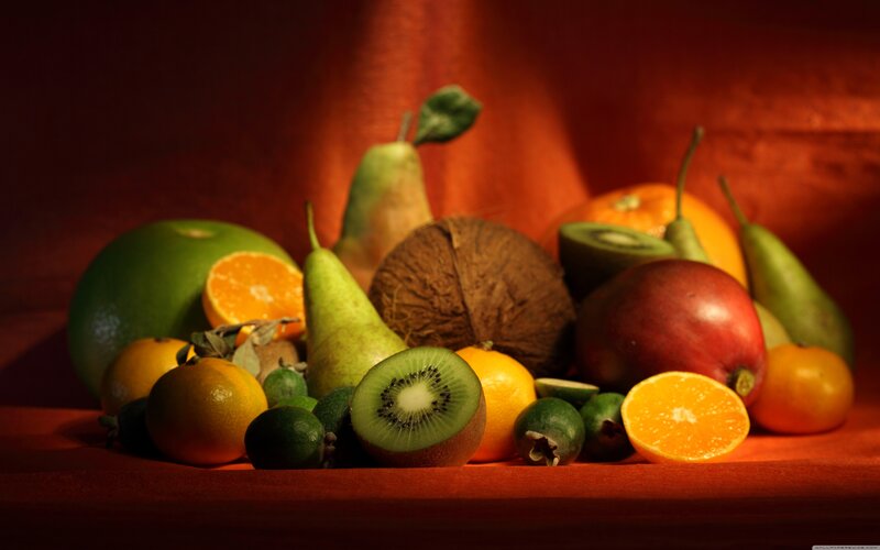 Assorted Fruits on Table — Red, Dramatic