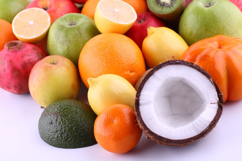 Assorted Fruits on White — Fresh, Photograph, Coconut, Apple