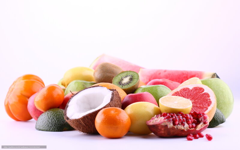 Assorted Fruits on White — Fresh, Photograph, Coconut, Pomegranate, Kiwi