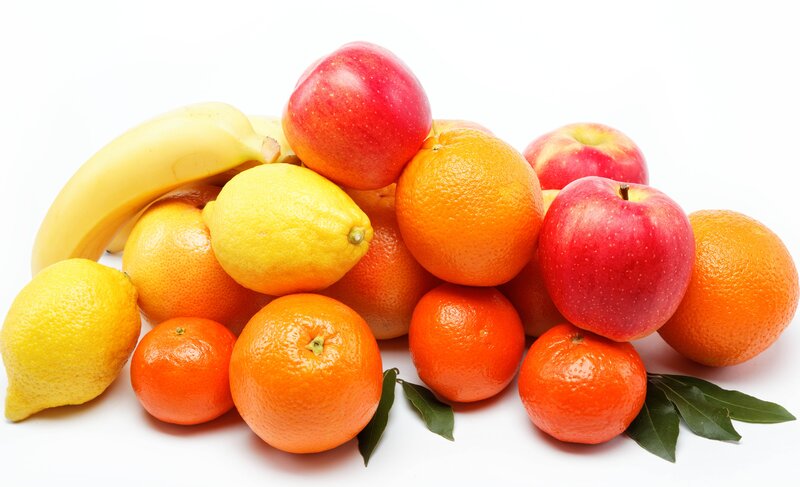Assorted Fruits on White — Neutral, Photograph, Banana