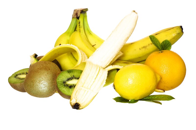 Assorted Fruits on White — Yellow, Fresh, Photograph