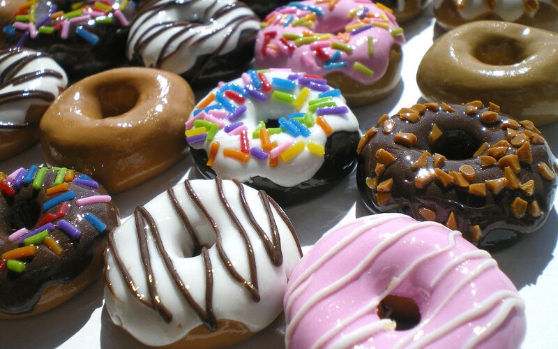 Assorted Glazed Donuts — Brown, Appetizing, Photograph, Sprinkles, Chocolate, Icing