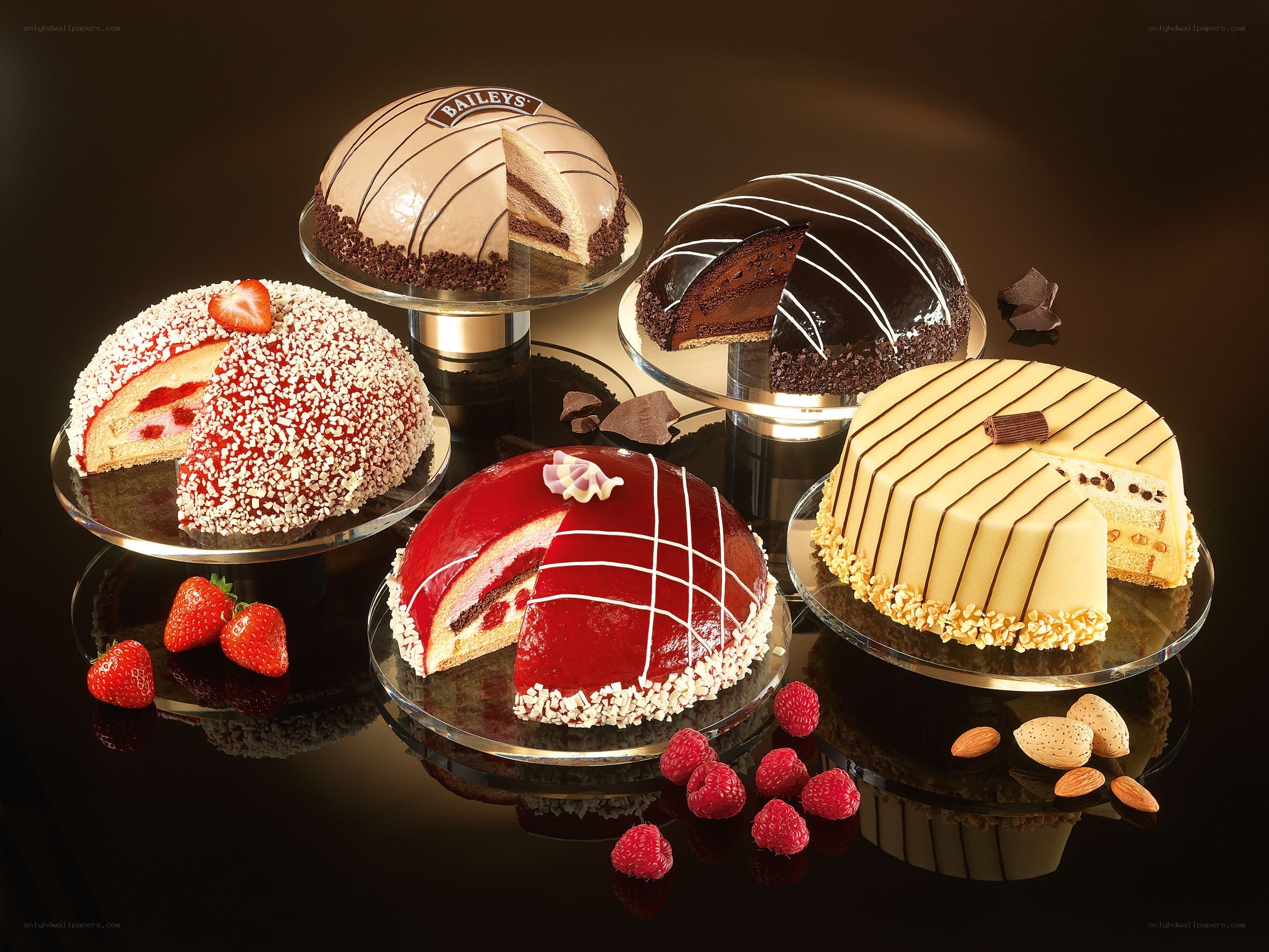 Assorted gourmet cakes display