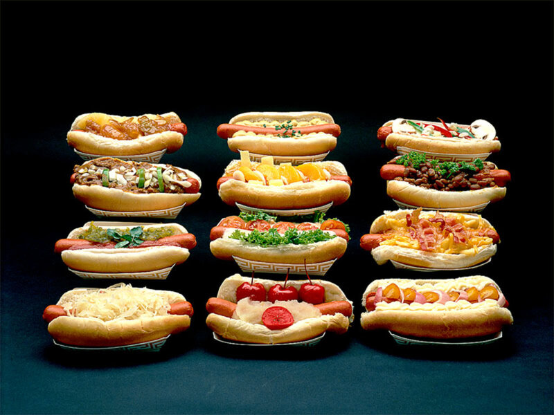 Assorted hot dogs with toppings