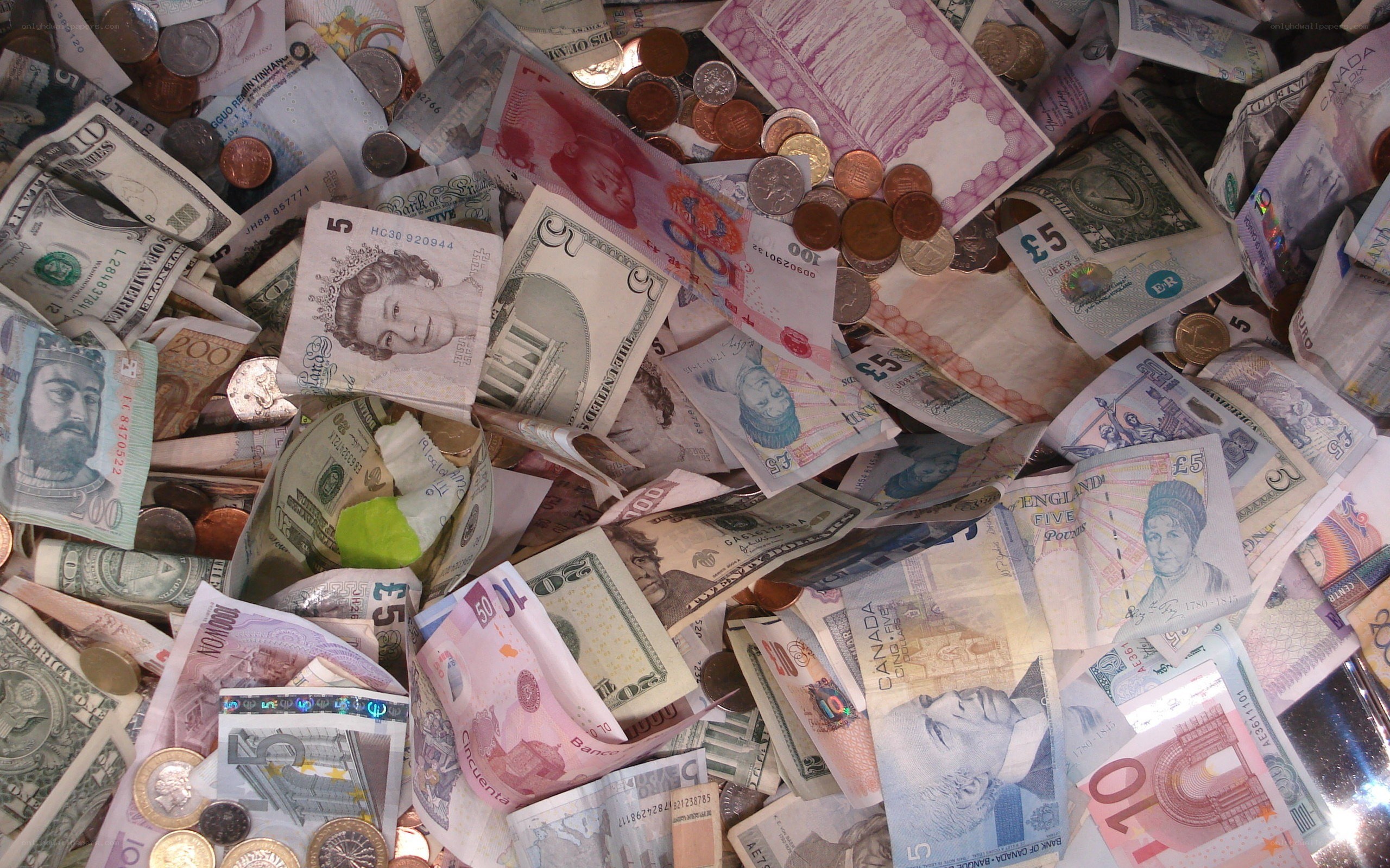 assorted international banknotes and coins