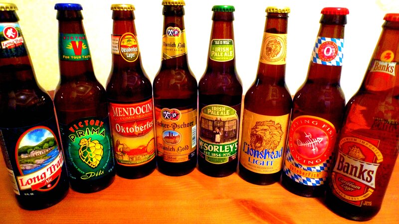 assorted international beer bottles