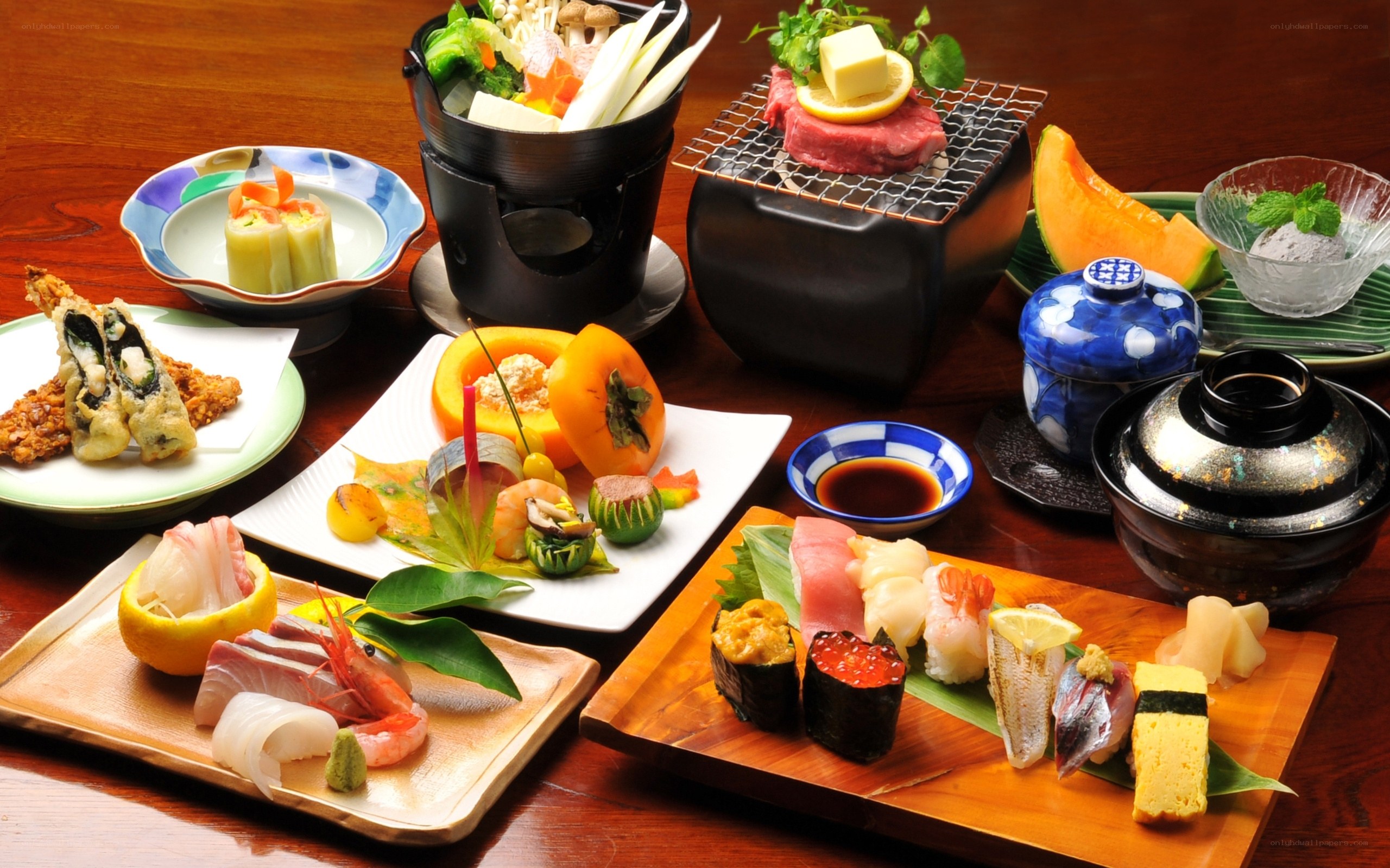 Assorted Japanese dishes on table