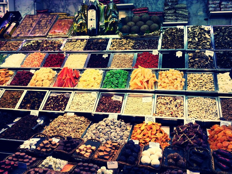 Assorted nuts and dried fruits at market
