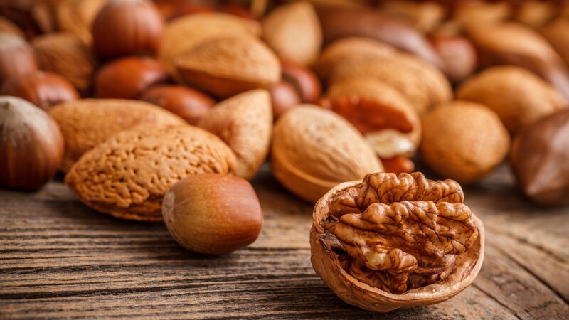 Assorted Nuts on Wood — Brown, Natural