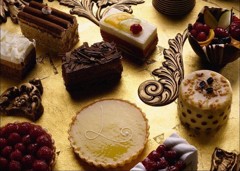 Assorted pastries on gold surface