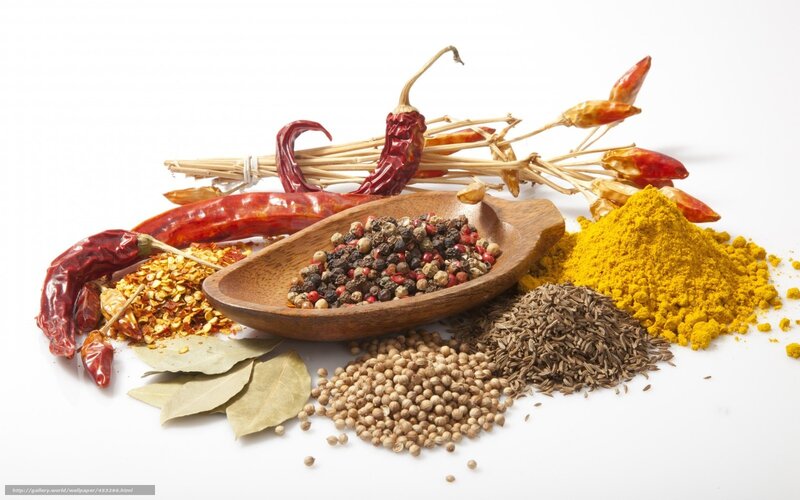 Assorted Spices and Herbs — Yellow, Neutral, Photograph, Dried Chilies, Peppercorns