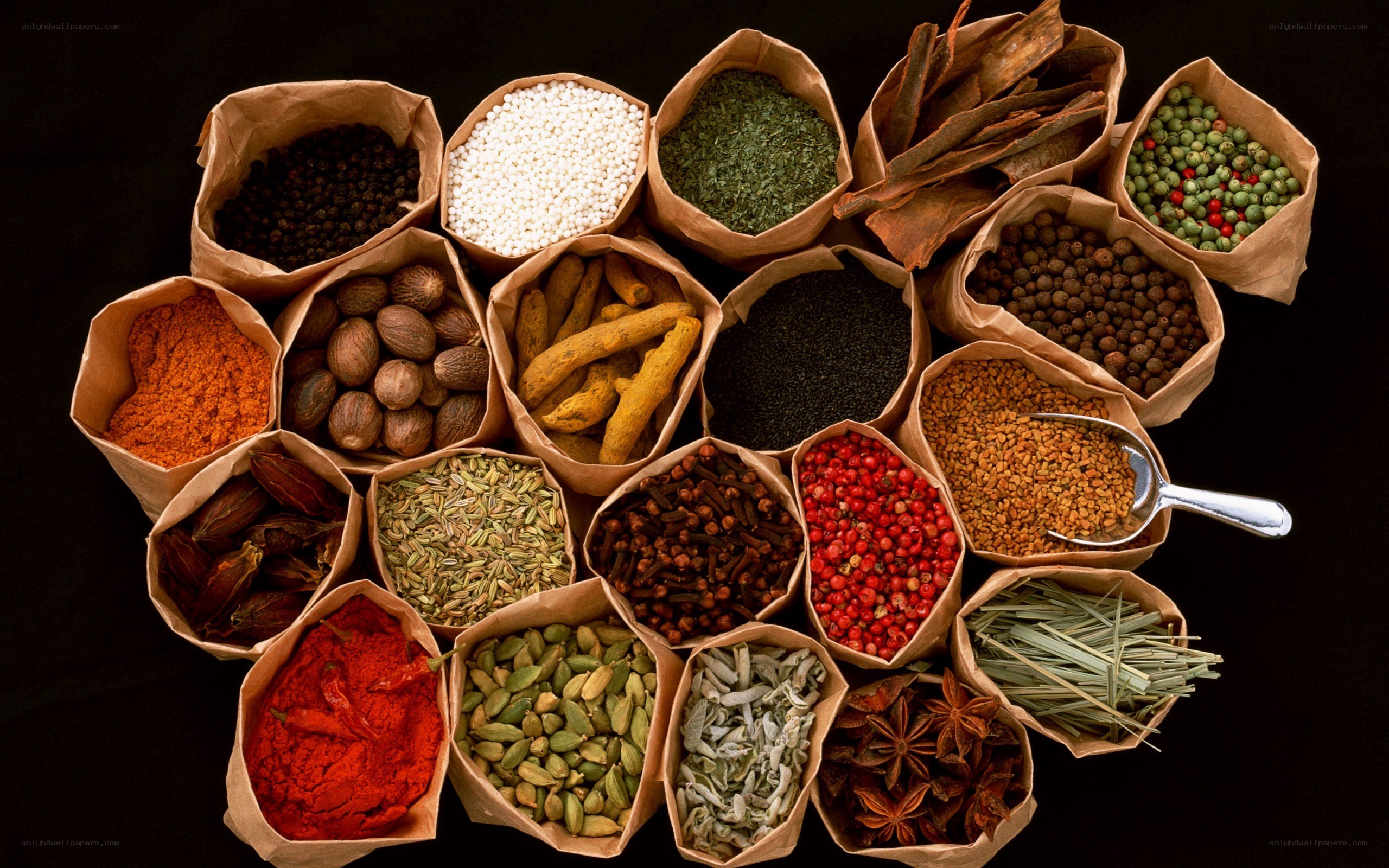 Assorted spices in paper bags
