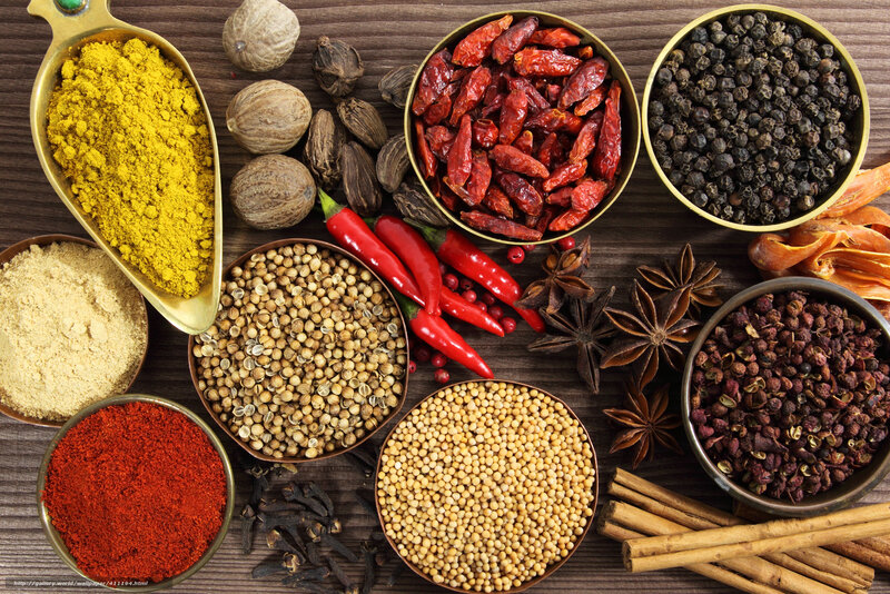 Assorted Spices on Wood — Brown, Earthy, Photograph, Chili Peppers