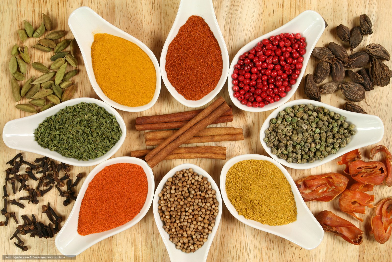Assorted spices on wooden surface