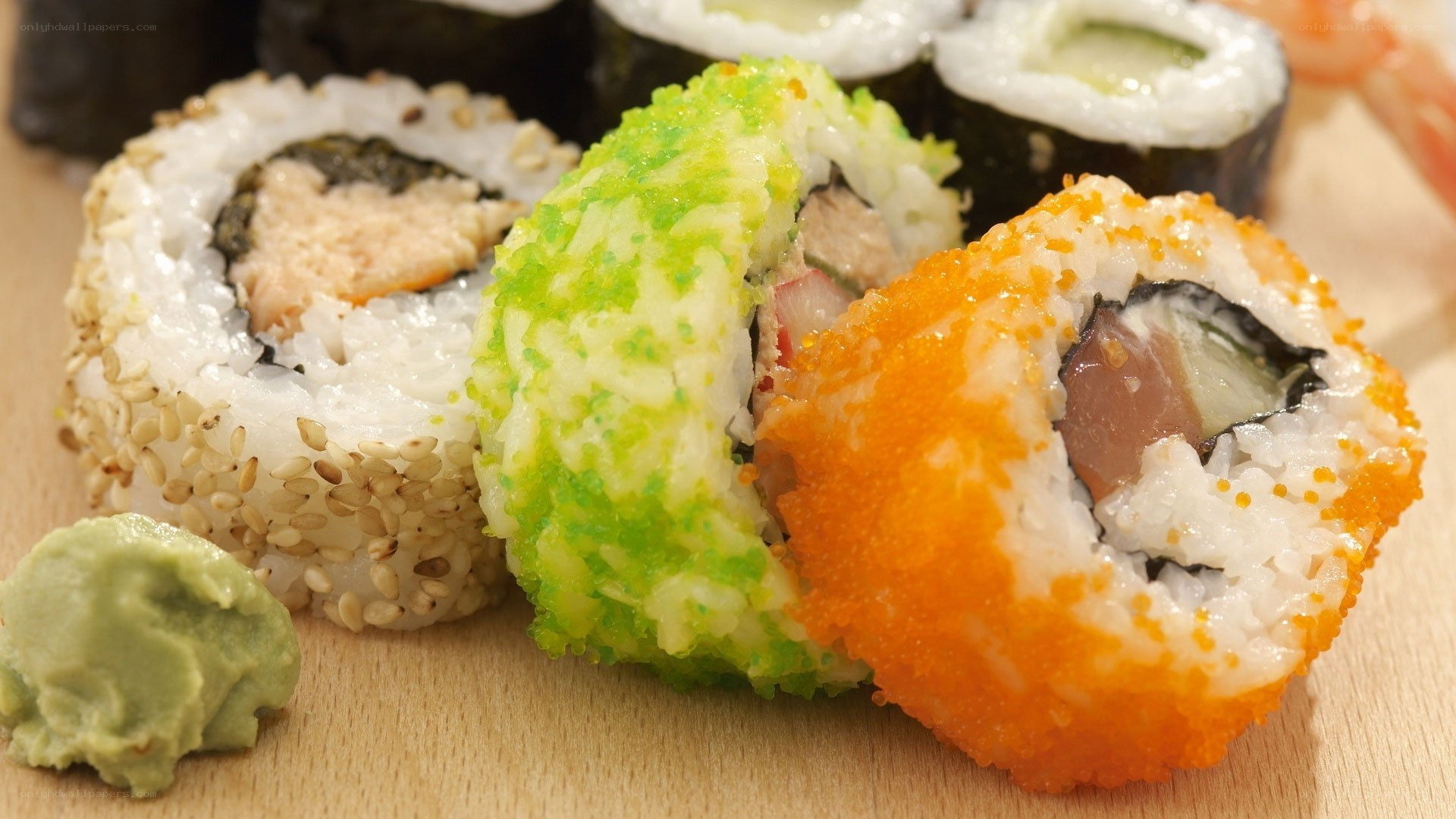 assorted sushi rolls with wasabi