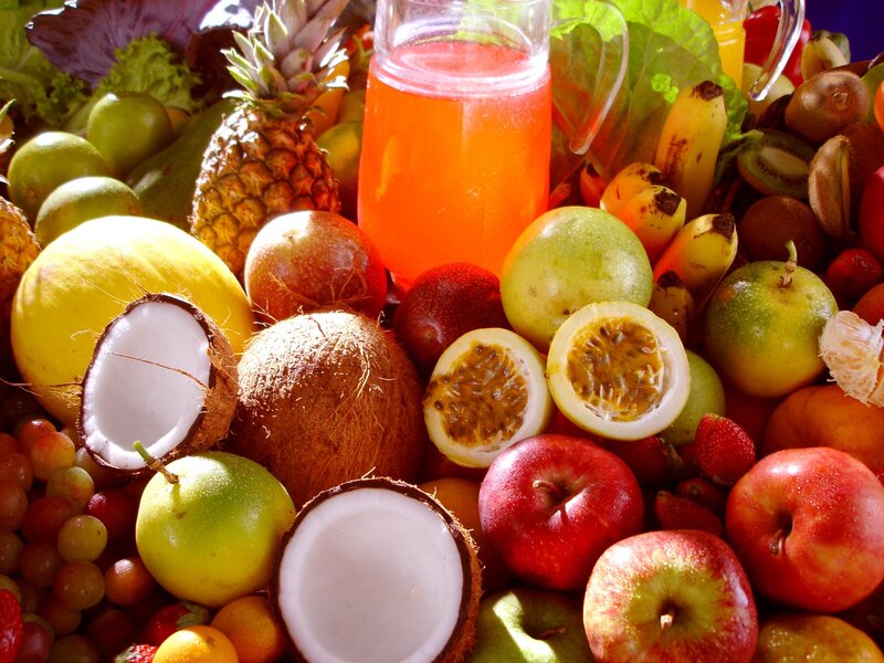 Assorted tropical fruits and juice