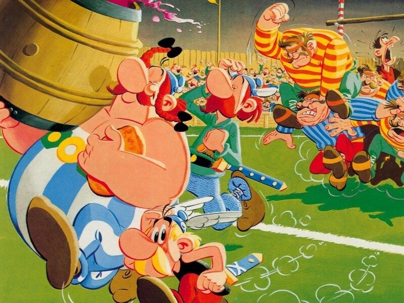 Asterix and Obelix in a chaotic rugby match