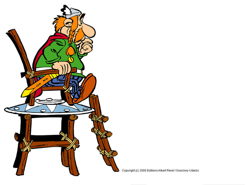 Asterix on a wooden chair