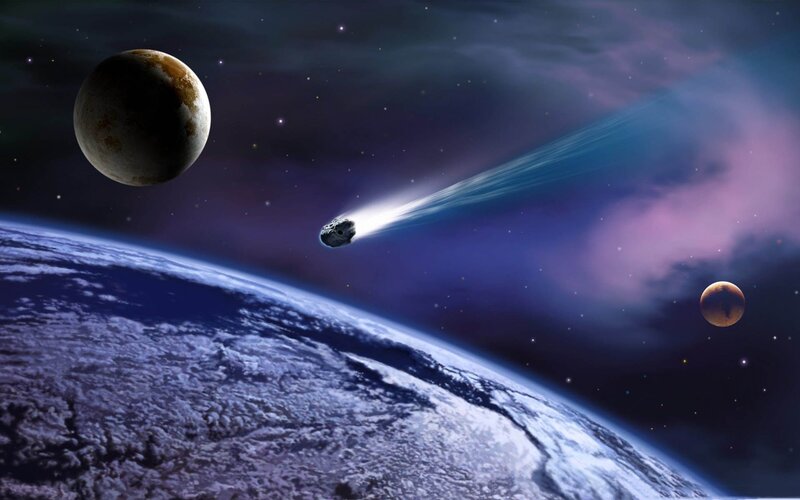 Asteroid Approaching Planet — Blue