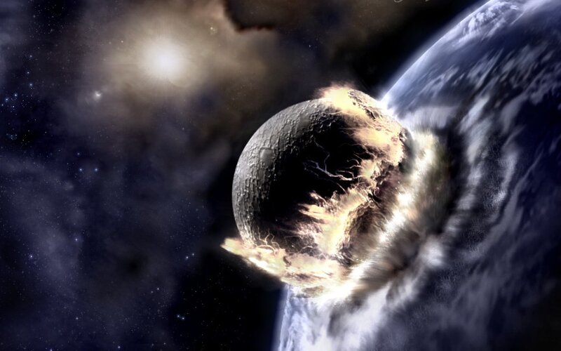 Asteroid Colliding with Planet — Blue, Dramatic
