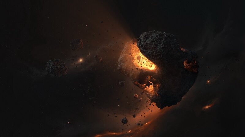 Asteroid Collision in Space — Black, Dramatic, Digital Art, Asteroids