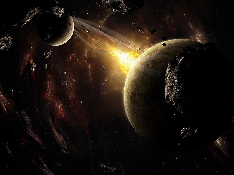 Asteroid Collision in Space — Black, Dramatic, Digital Art, Planets