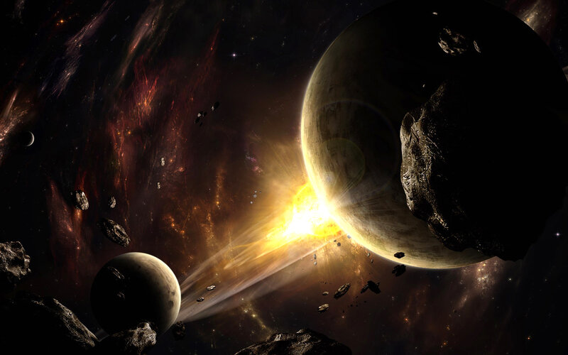 Asteroid Collision in Space — Black, Dramatic