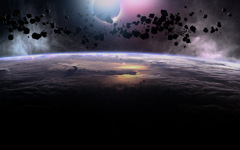 Asteroid field above a planet